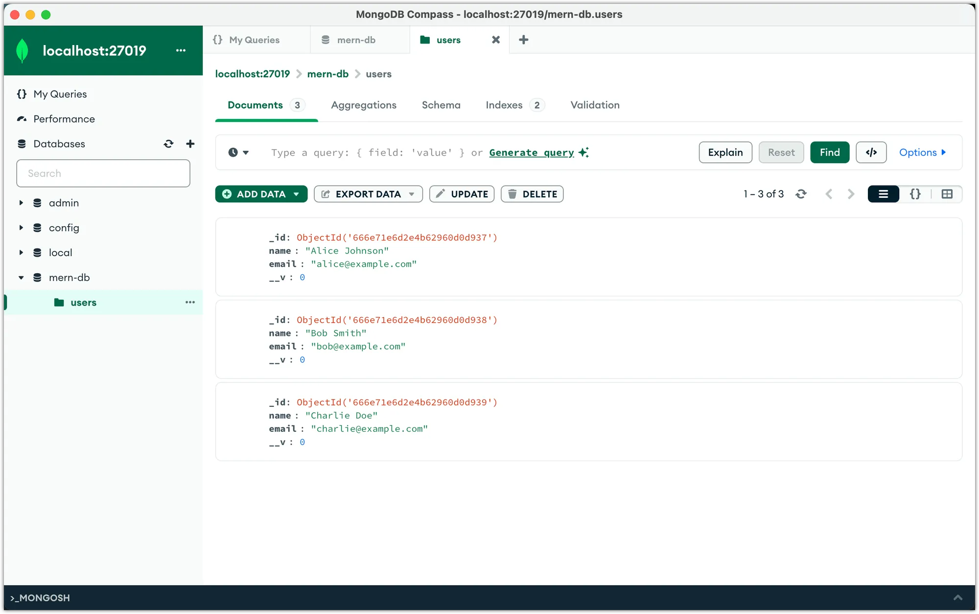 Screenshot of MongoDB Compass